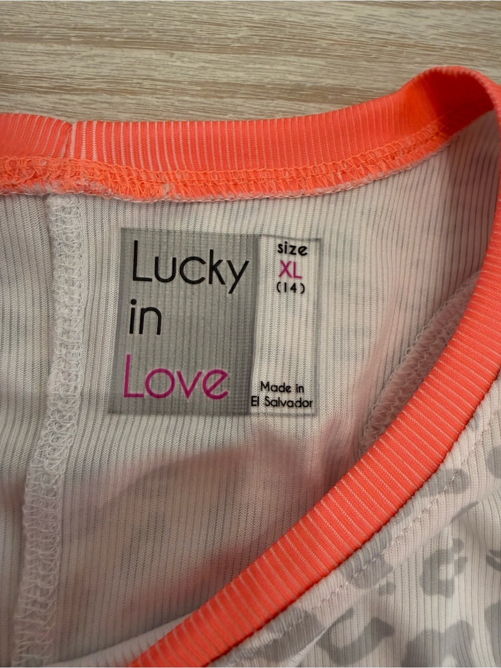 Lucky in Love White & Gray Leopard Print Long Sleeve Tee with Neon Coral Accents - Picture 4 of 6